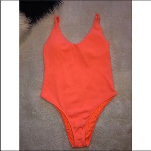 Aerie bright coral ruched cheeky swimsuit